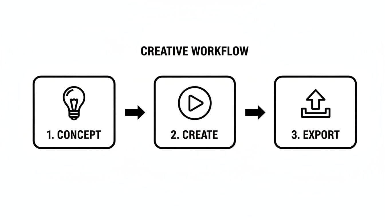 A black and white diagram illustrates a three-step creative workflow: Concept, Create, and Export, with corresponding icons.