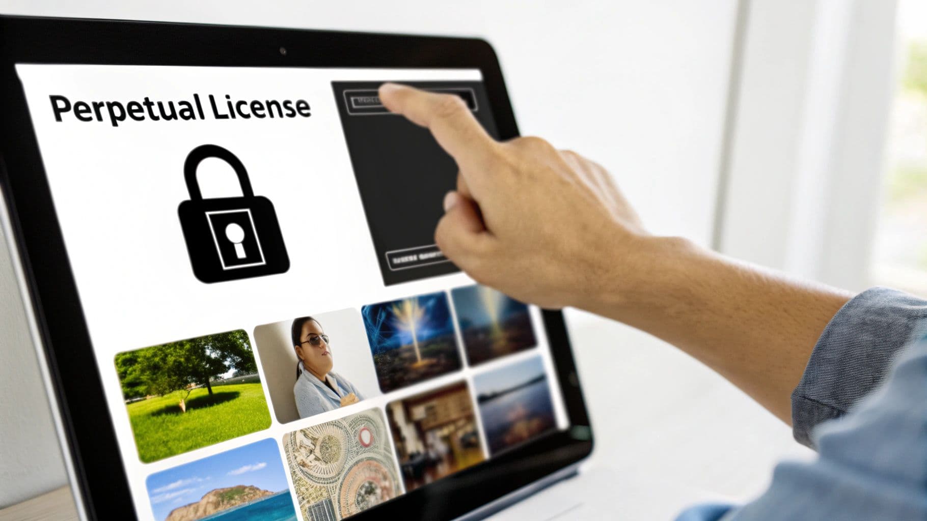 A hand taps a tablet screen displaying 'Perpetual License' text, a padlock icon, and various thumbnail images.
