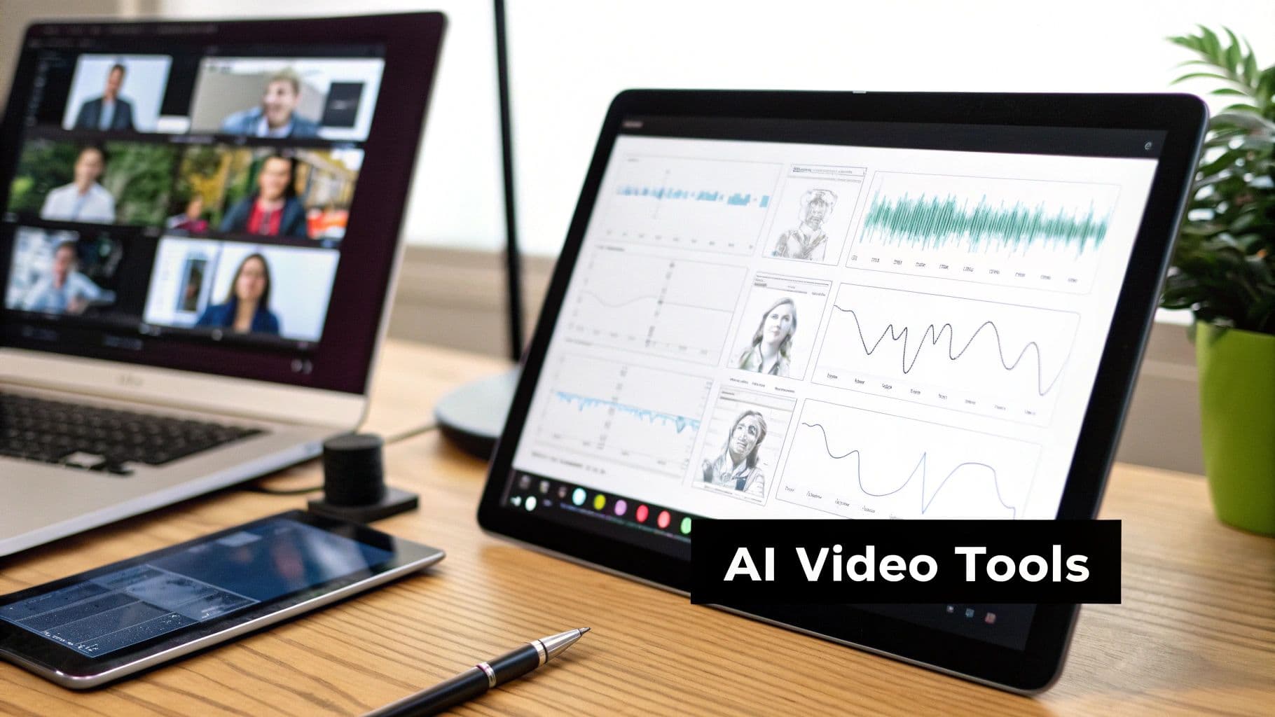 Dual monitor setup displaying AI video analytics with graphs, waveforms, and participant thumbnails for video editing
