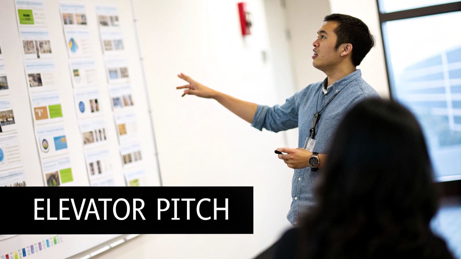 A man presents an elevator pitch, pointing at charts on a whiteboard to an audience.