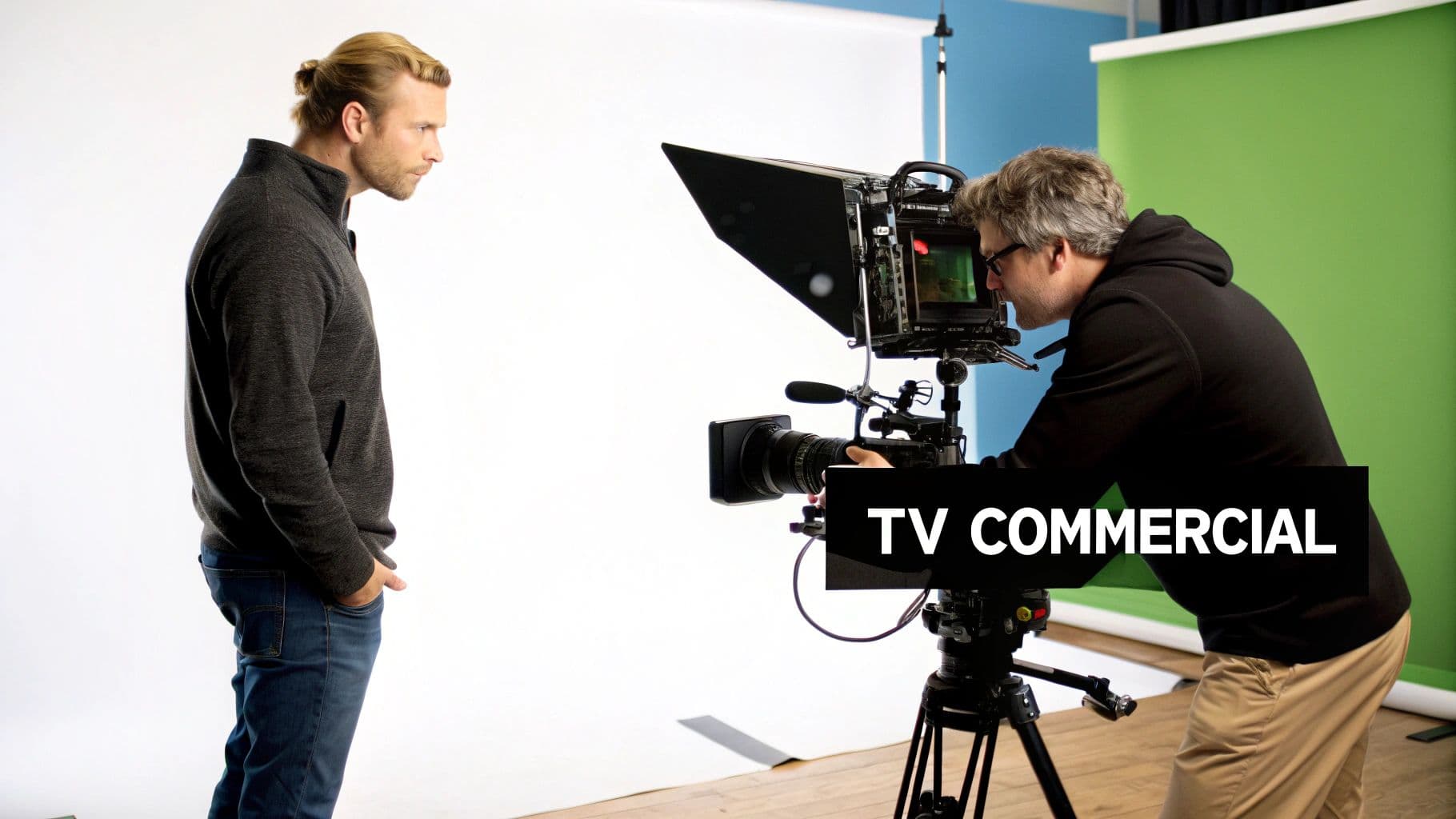 A man stands on a white set as a cameraman films a TV commercial production.