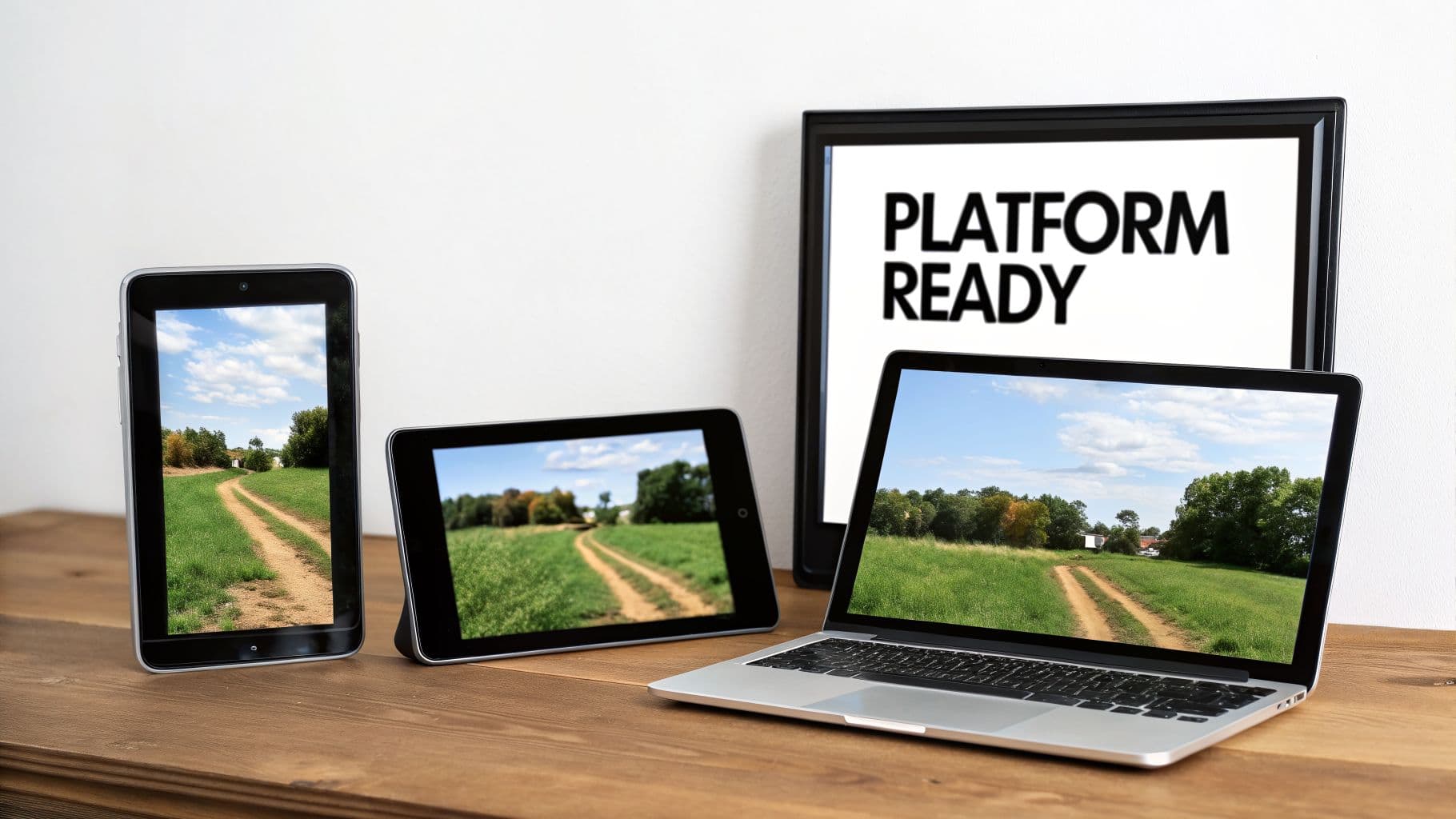 Various digital devices display a dirt path in a field, with a 'PLATFORM READY' sign behind them.