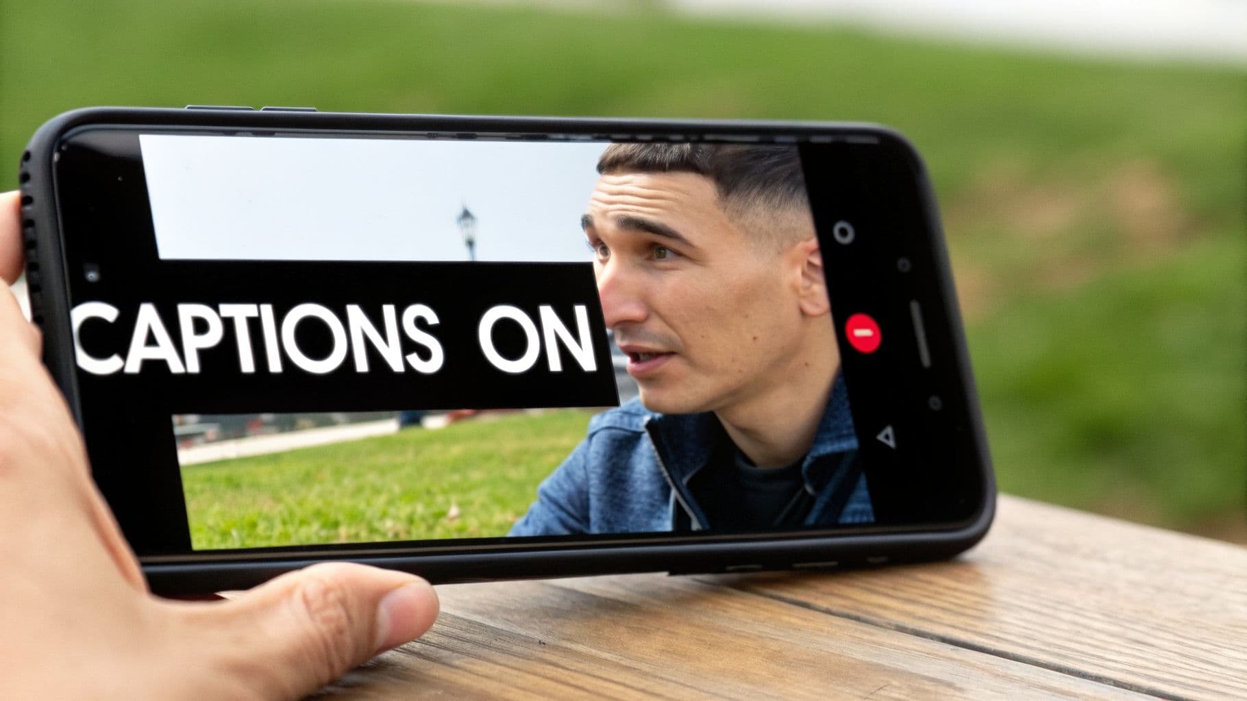 A hand holds a smartphone displaying a video of a man with 'CAPTIONS ON' text overlay.