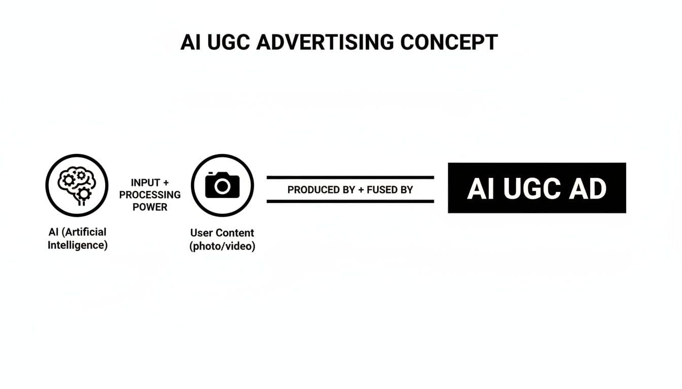 Diagram illustrating the AI UGC advertising concept, combining AI processing power with user-generated content for an AI UGC ad.