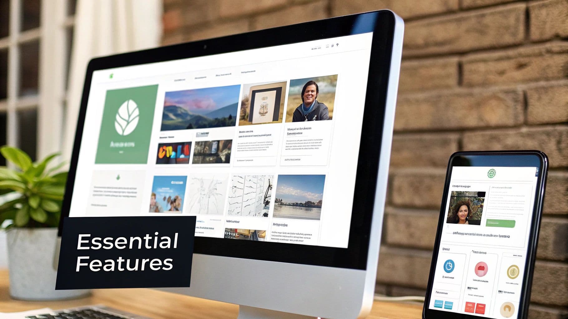A desktop monitor and smartphone display a website with various content, showcasing essential features.