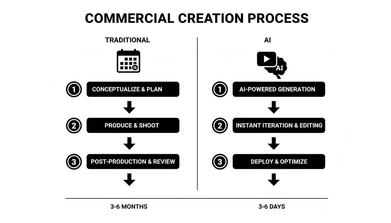 Flowchart comparing traditional (3-6 months) and AI (3-6 days) commercial creation processes.