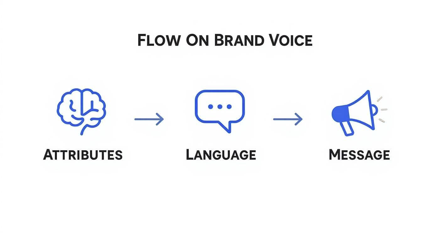 Flowchart illustrating the progression of brand voice from attributes through language to the final message.