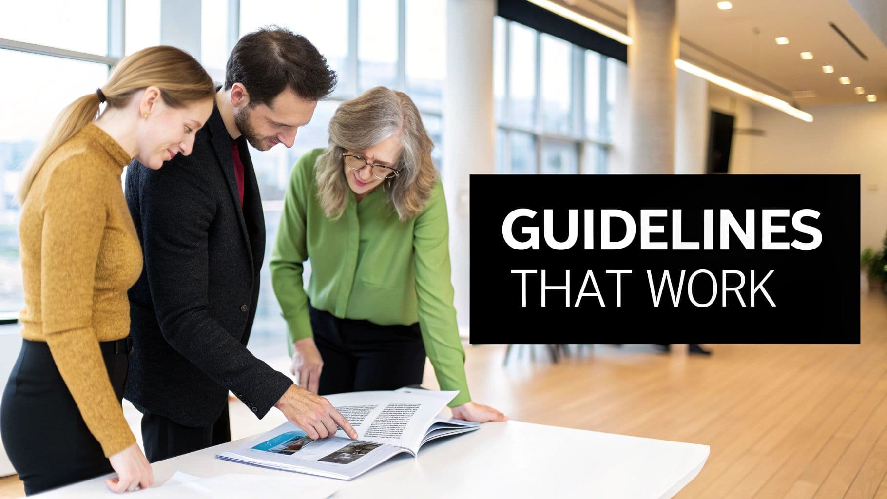 Three professionals, two women and one man, discuss a document on a table in an office, with text overlay "GUIDELINES THAT WORK".