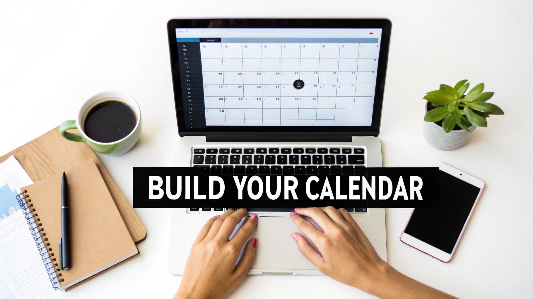 Person typing on laptop displaying digital calendar with coffee, notebook, and plant on desk