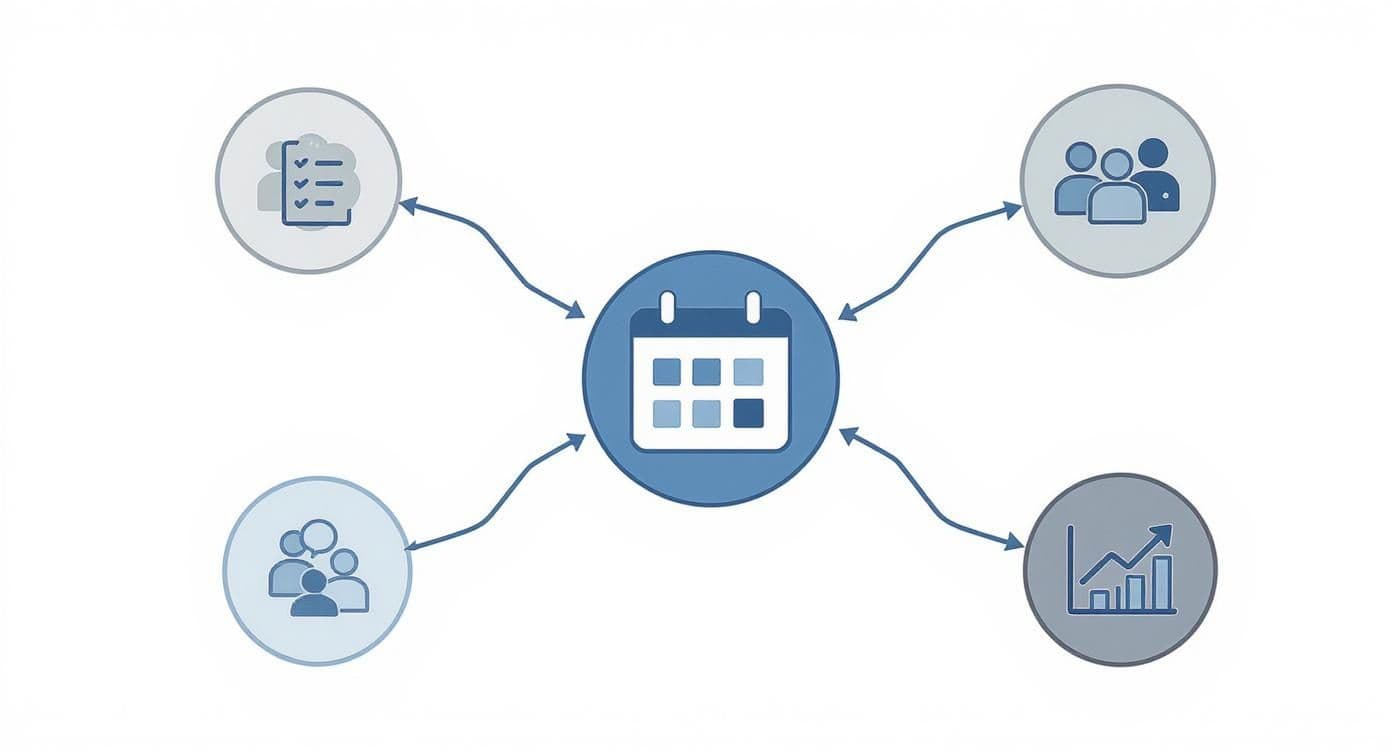 Calendar icon in center connecting to task management, team collaboration, and analytics features