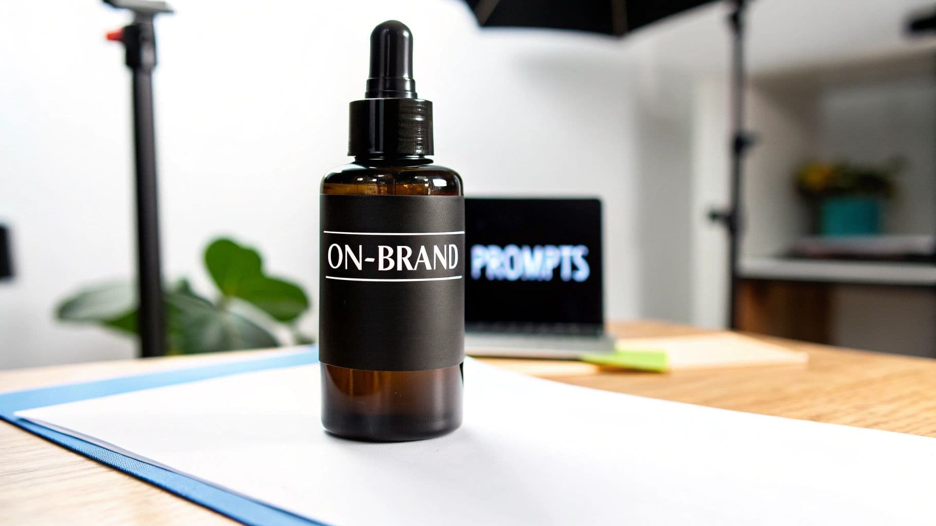 A brown dropper bottle labeled 'ON-BRAND' sits on a desk with a laptop displaying 'PROMPTS' in the background.