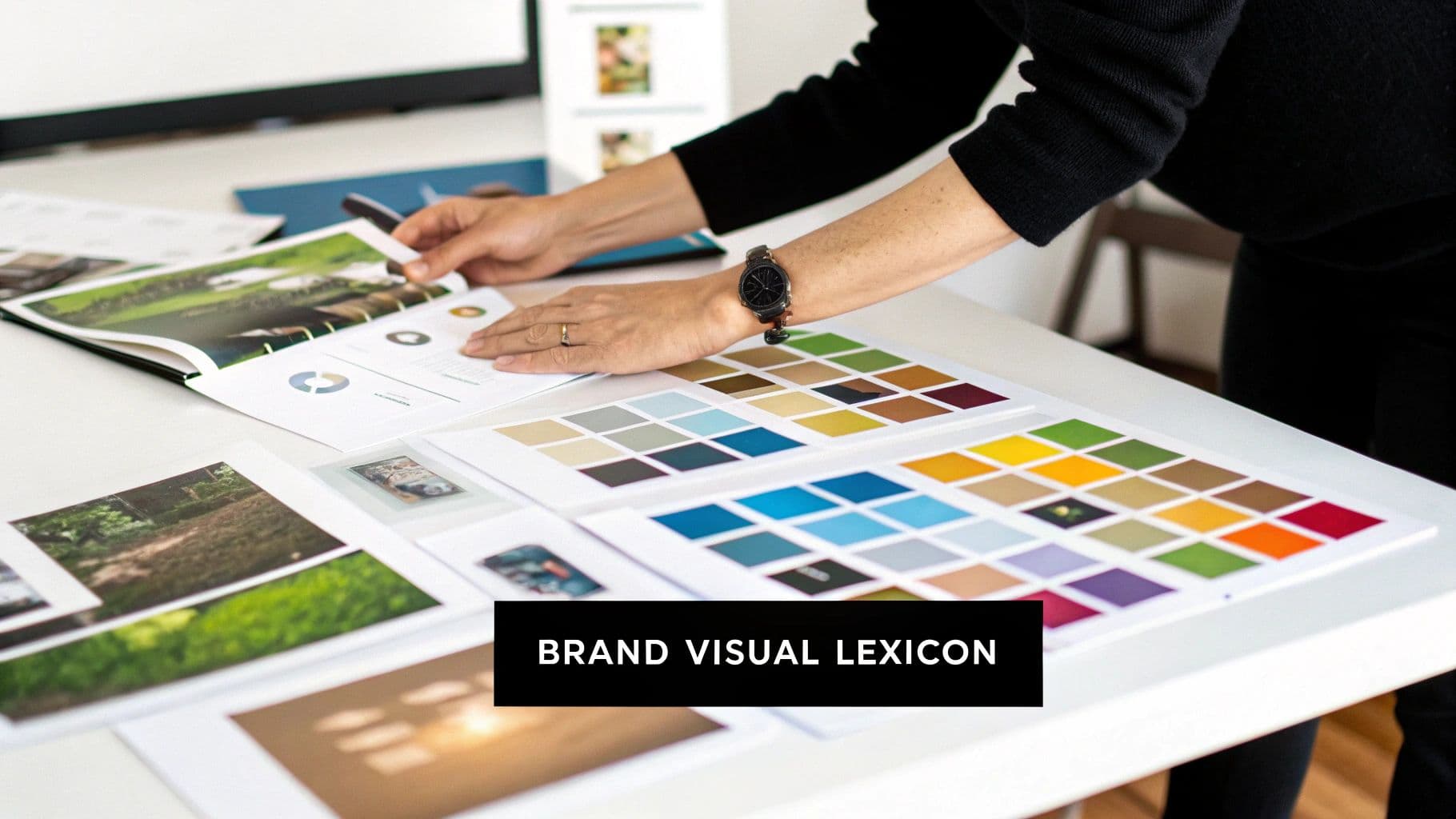 A person reviews a design binder with charts, images, and color palettes on a white table.