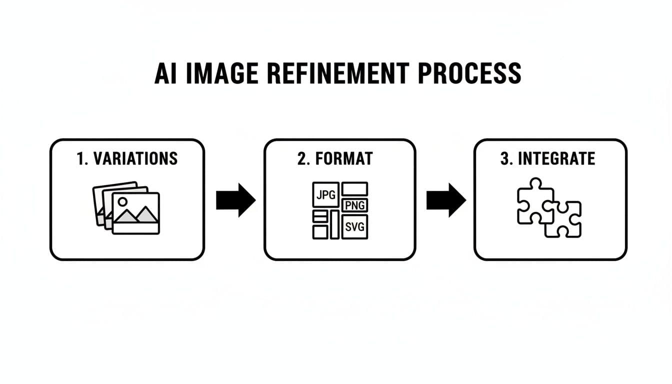 Diagram showing steps in AI image refinement: variations, format selection (JPG, PNG, SVG), and integration.