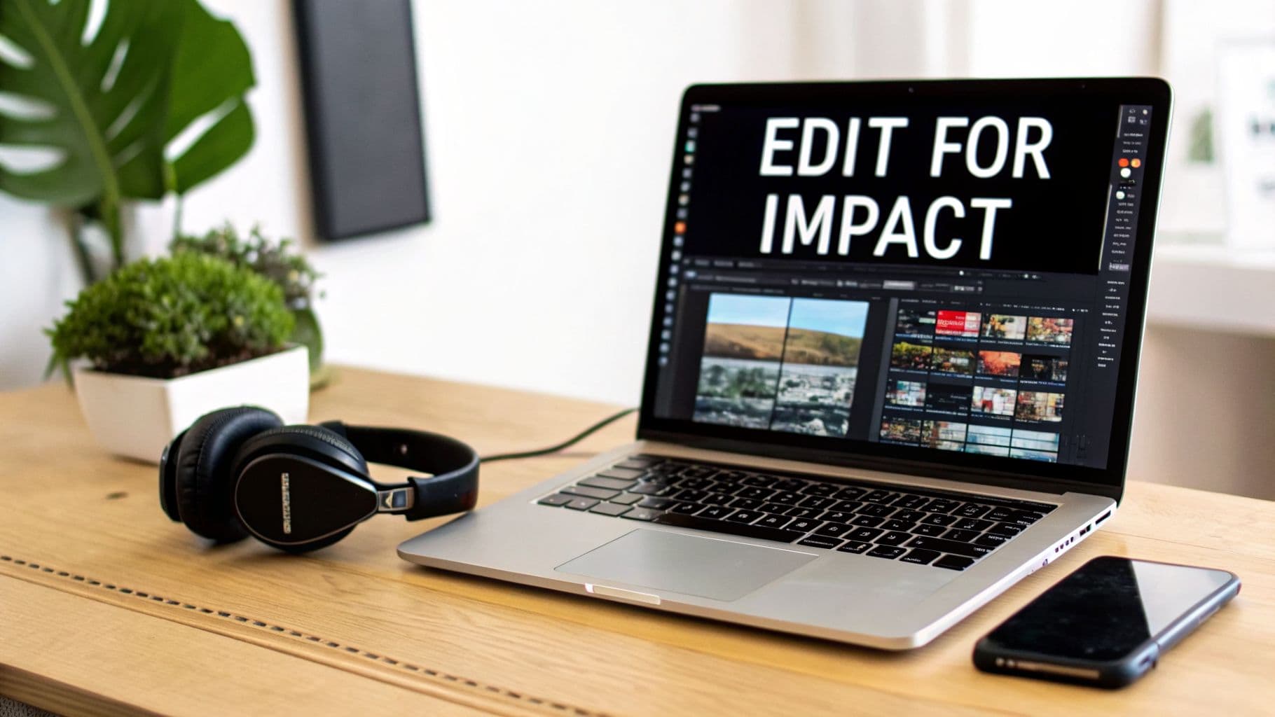A laptop displaying video editing software with 'EDIT FOR IMPACT' text, headphones, and a smartphone on a wooden desk.