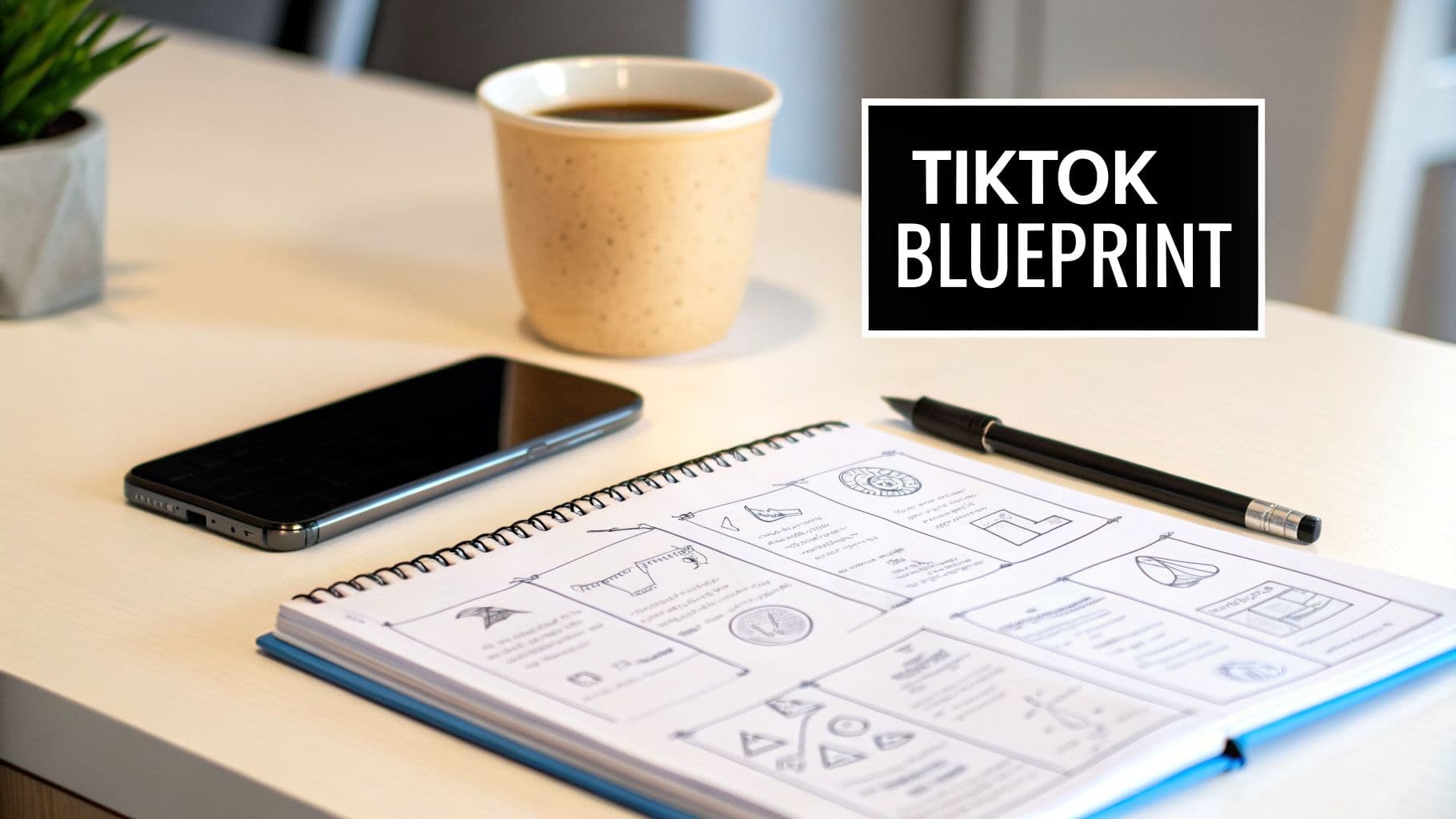 Desk with smartphone, coffee cup, open notebook showing a TikTok blueprint, and a pen.