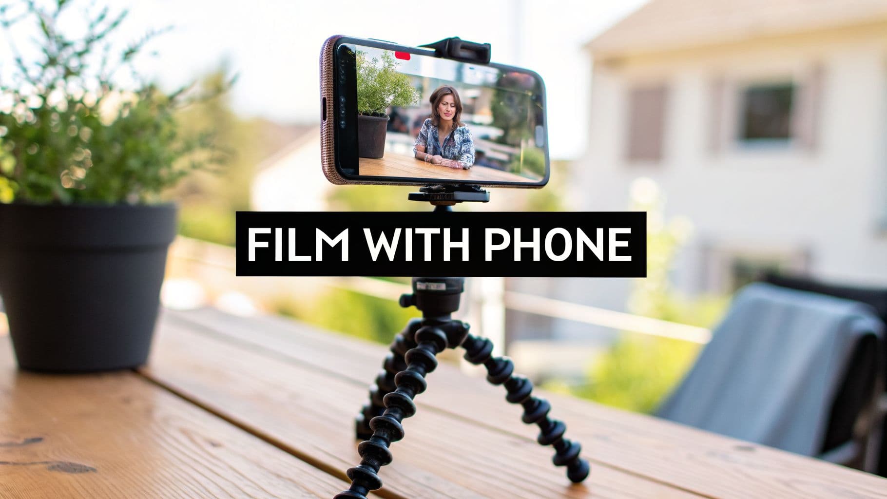 A smartphone on a tripod records a woman outdoors, demonstrating how to film with a phone.