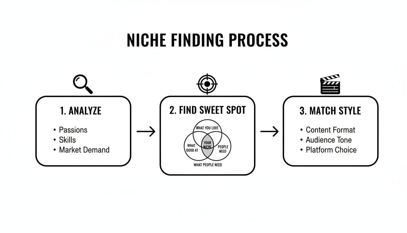 A three-step infographic outlining the niche finding process for content creation, featuring analysis, sweet spot identification, and style matching.