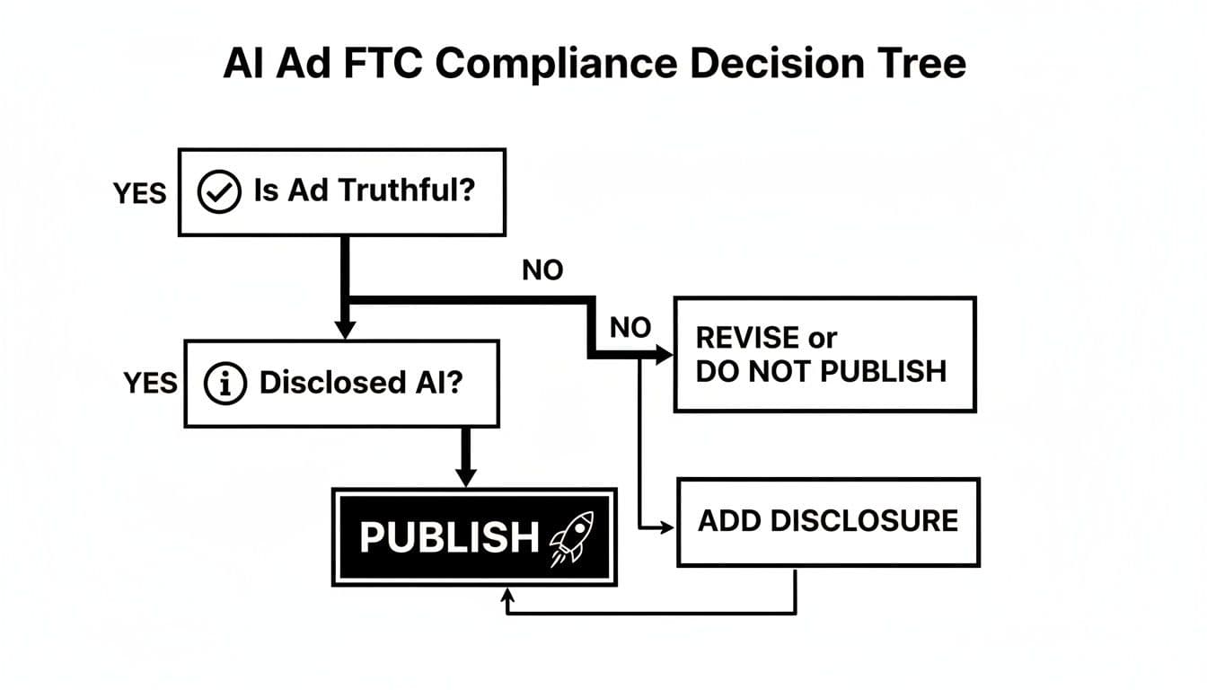 Decision tree for AI ad FTC compliance, guiding on truthfulness, AI disclosure, and publishing.
