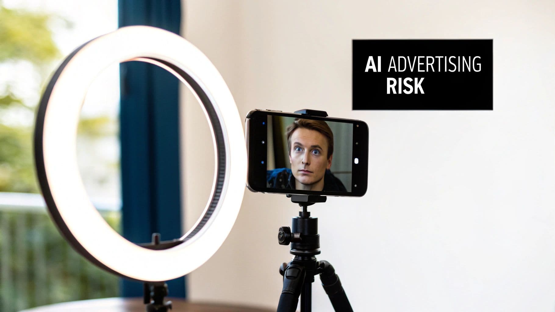 A smartphone on a tripod records a surprised man, next to a ring light, with 'AI ADVERTISING RISK' text.
