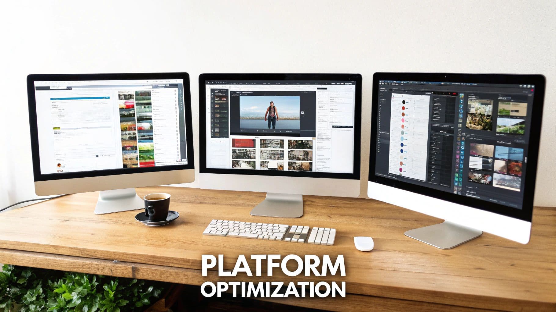 Three computer monitors on a wooden desk displaying digital content, with a keyboard, mouse, and coffee cup.