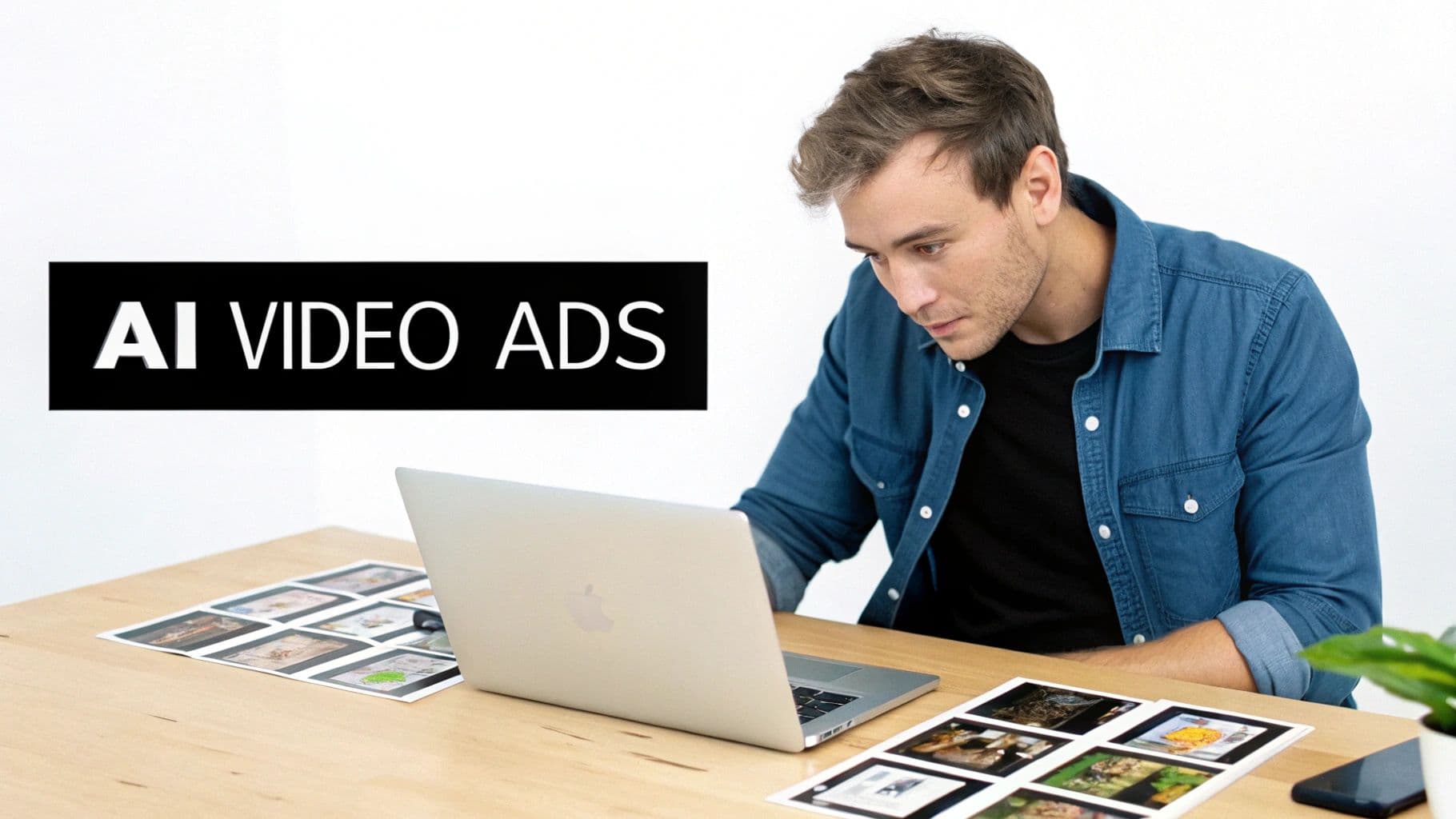 Man using a laptop at a desk, reviewing printed images, with an 'AI VIDEO ADS' banner.