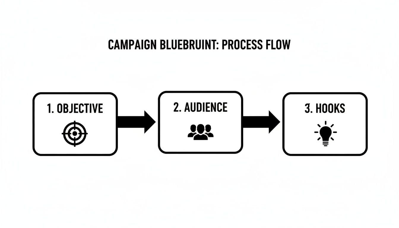 A campaign blueprint process flow diagram illustrating steps: objective, audience, and hooks.