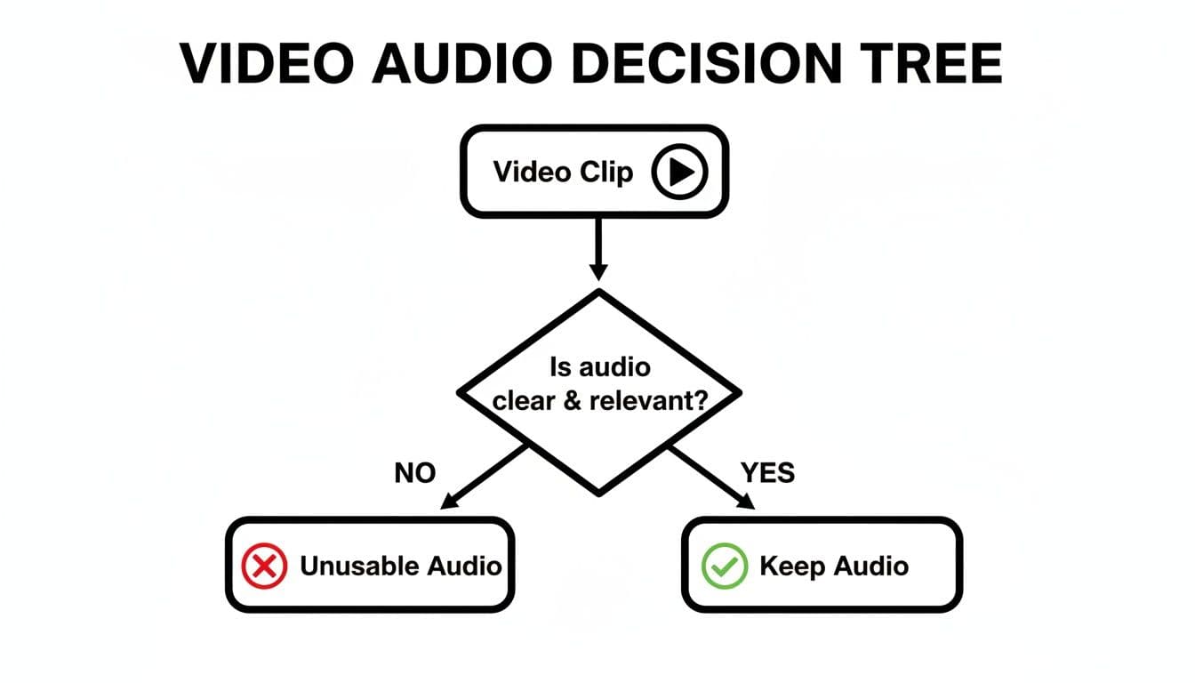 Decision tree flowchart for video audio, guiding users to keep or remove based on clarity and relevance.