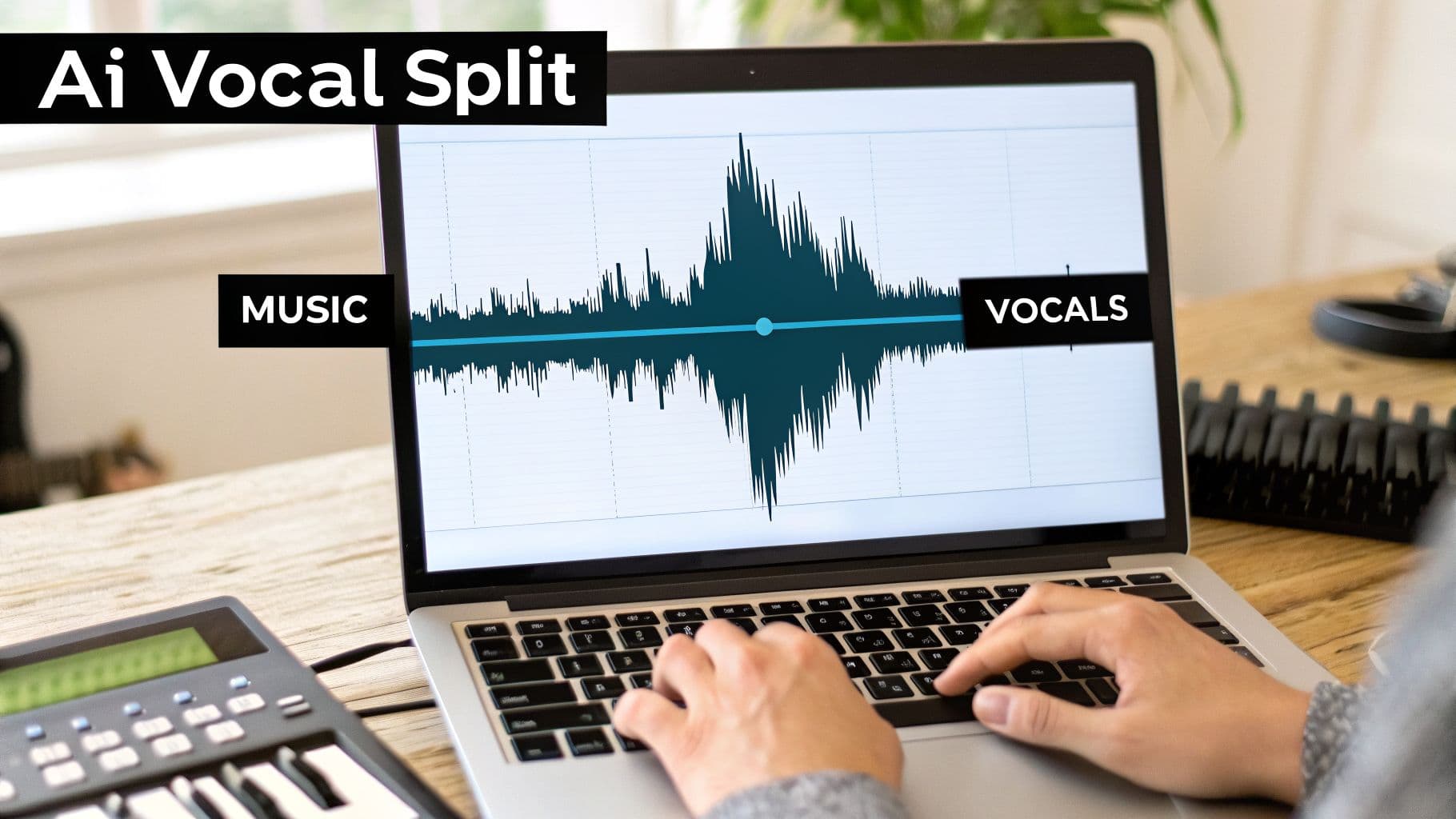 A person uses a laptop for AI vocal splitting, showing music and vocal tracks on screen.