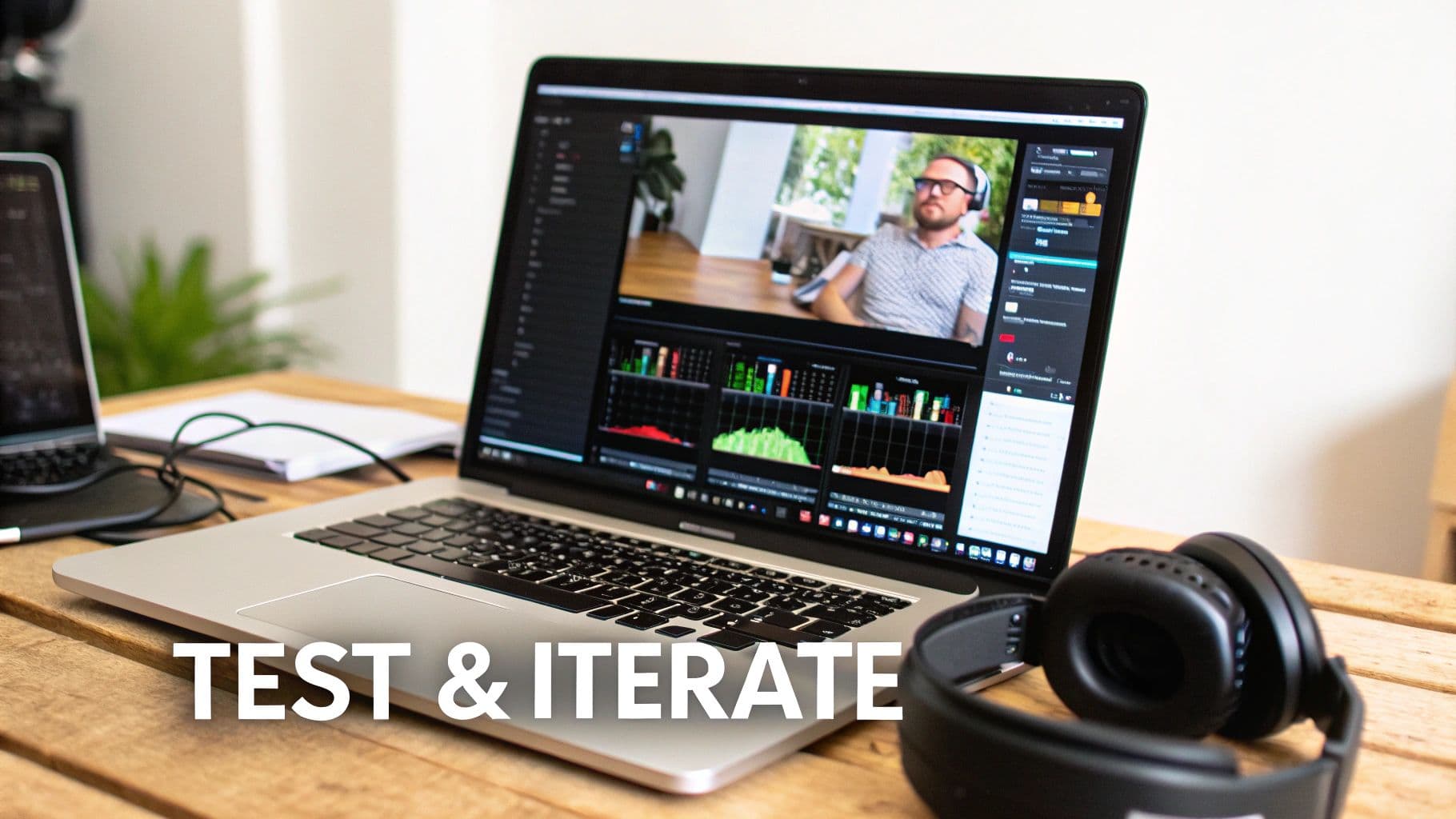 A laptop on a wooden desk displaying video editing software with a man and audio graphs.