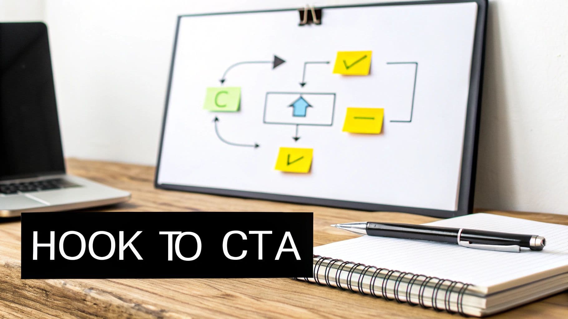 A desk with a laptop, a flowchart diagram on a whiteboard, a notebook, pen, and 'HOOK TO CTA' text.