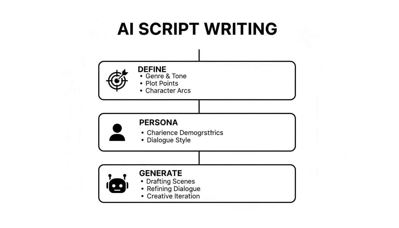 Flowchart illustrating the AI script writing process with steps for defining, persona, and generating content.