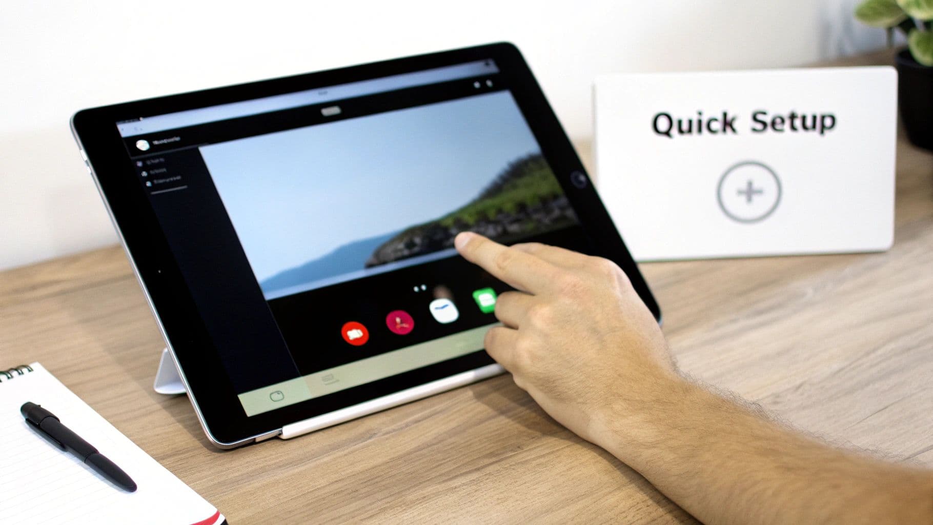 A person's hand touches an iPad screen displaying a landscape video editing app on a wooden desk.