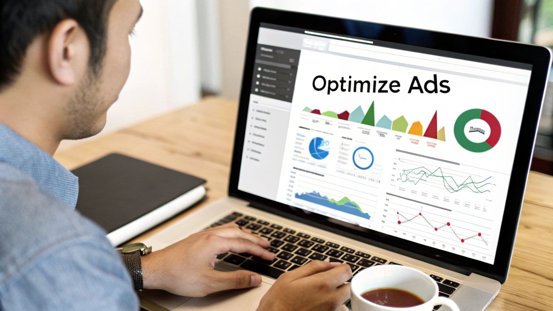 Man viewing a laptop screen showing an 'Optimize Ads' dashboard with various charts and graphs.