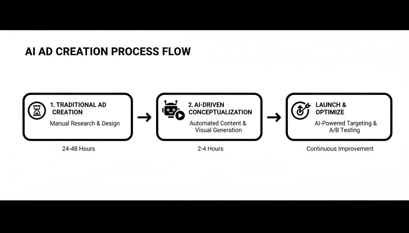 Flowchart illustrating the AI ad creation process, contrasting traditional manual methods with AI-driven conceptualization and optimization.