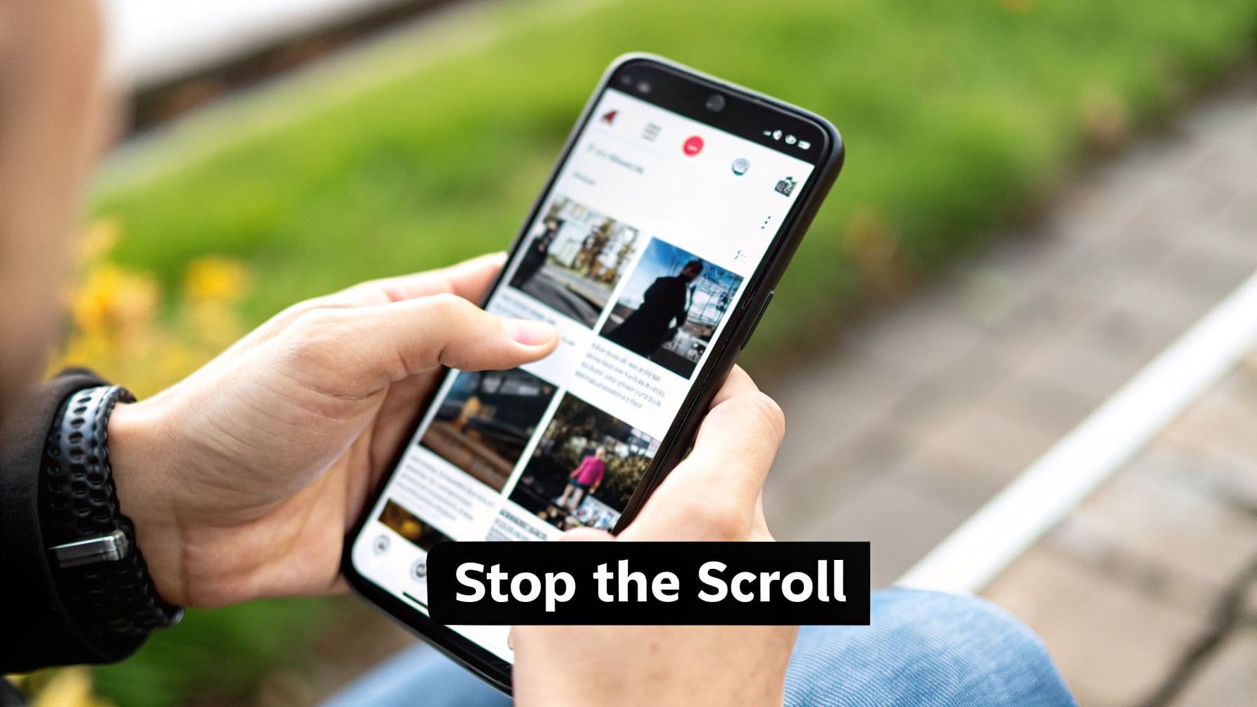 A person's hands holding a smartphone, scrolling through a content feed with 'Stop the Scroll' text.