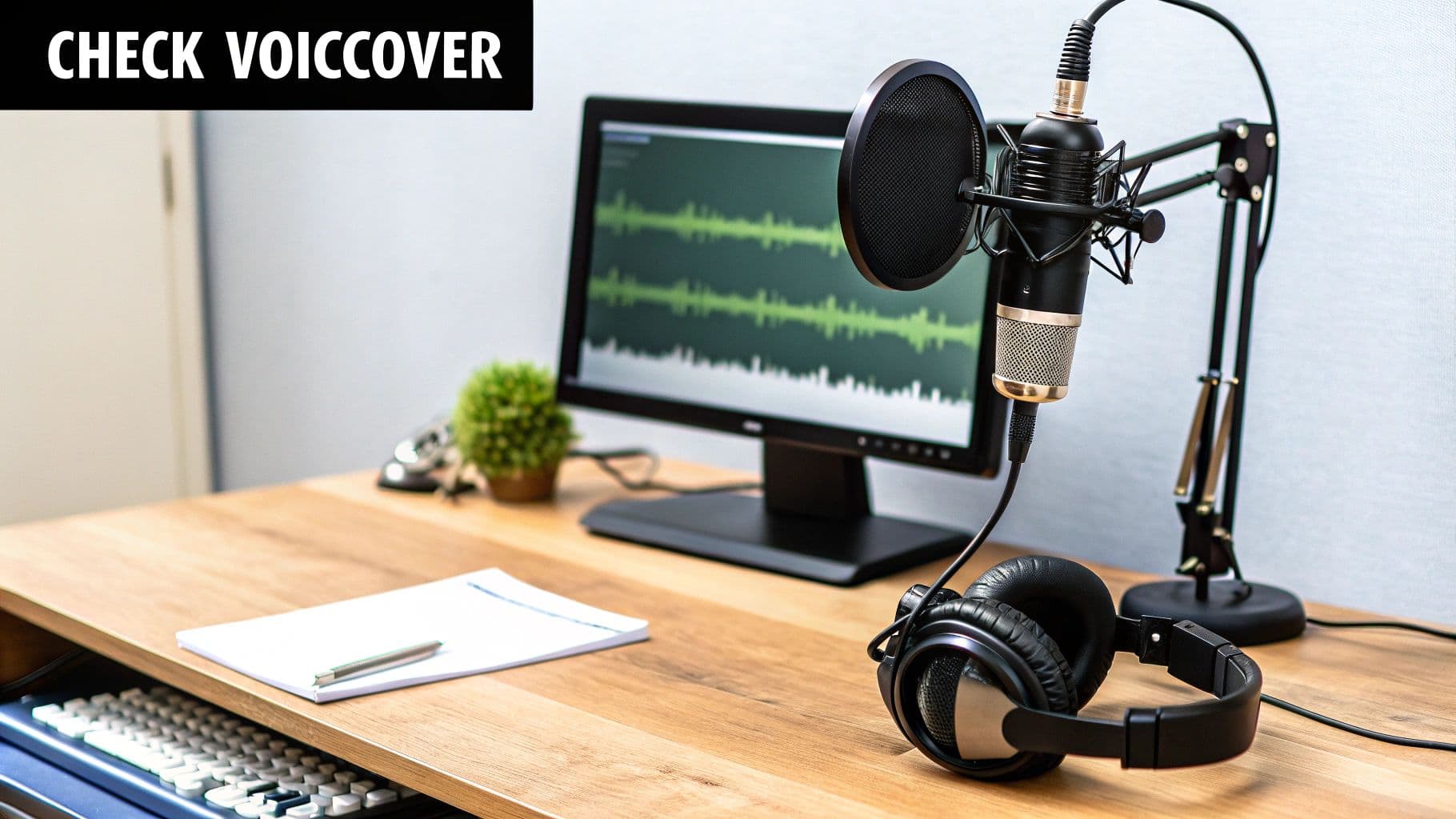 A professional voice recording setup with a microphone, headphones, and a monitor displaying audio waveforms on a wooden desk.