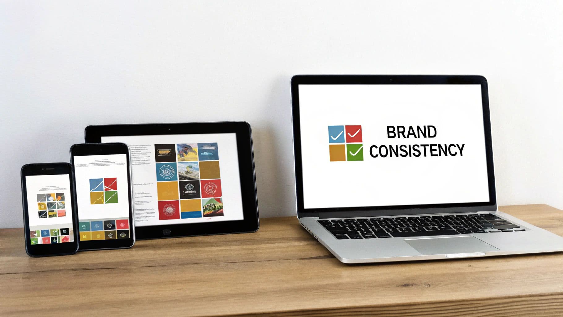 A laptop, tablet, and smartphones showcase brand consistency visuals and design grids on a wooden table.