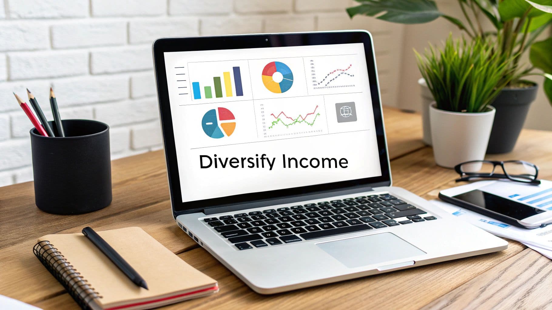 A digital illustration of various income stream icons like a shopping cart, a dollar sign, and a document, all connected to a central YouTube play button icon, symbolizing diversified monetization.