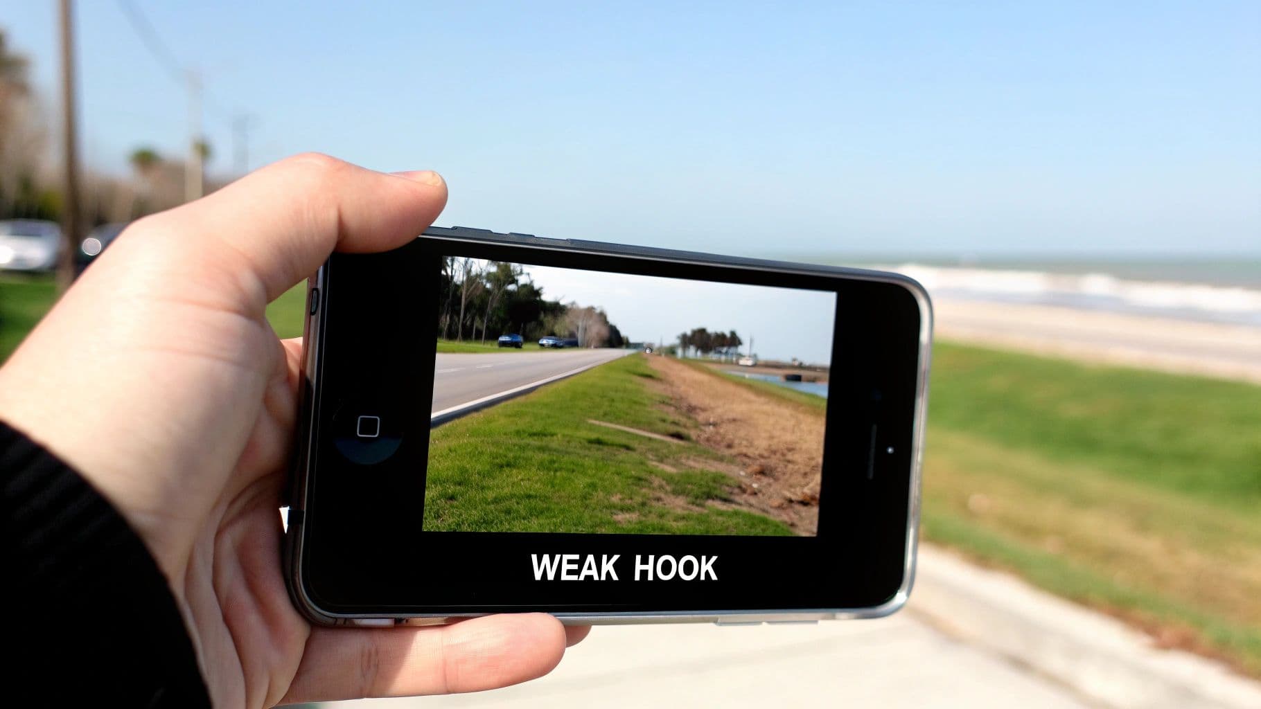 A hand holds a smartphone displaying a road scene with "WEAK HOOK" text on the screen, outdoors.