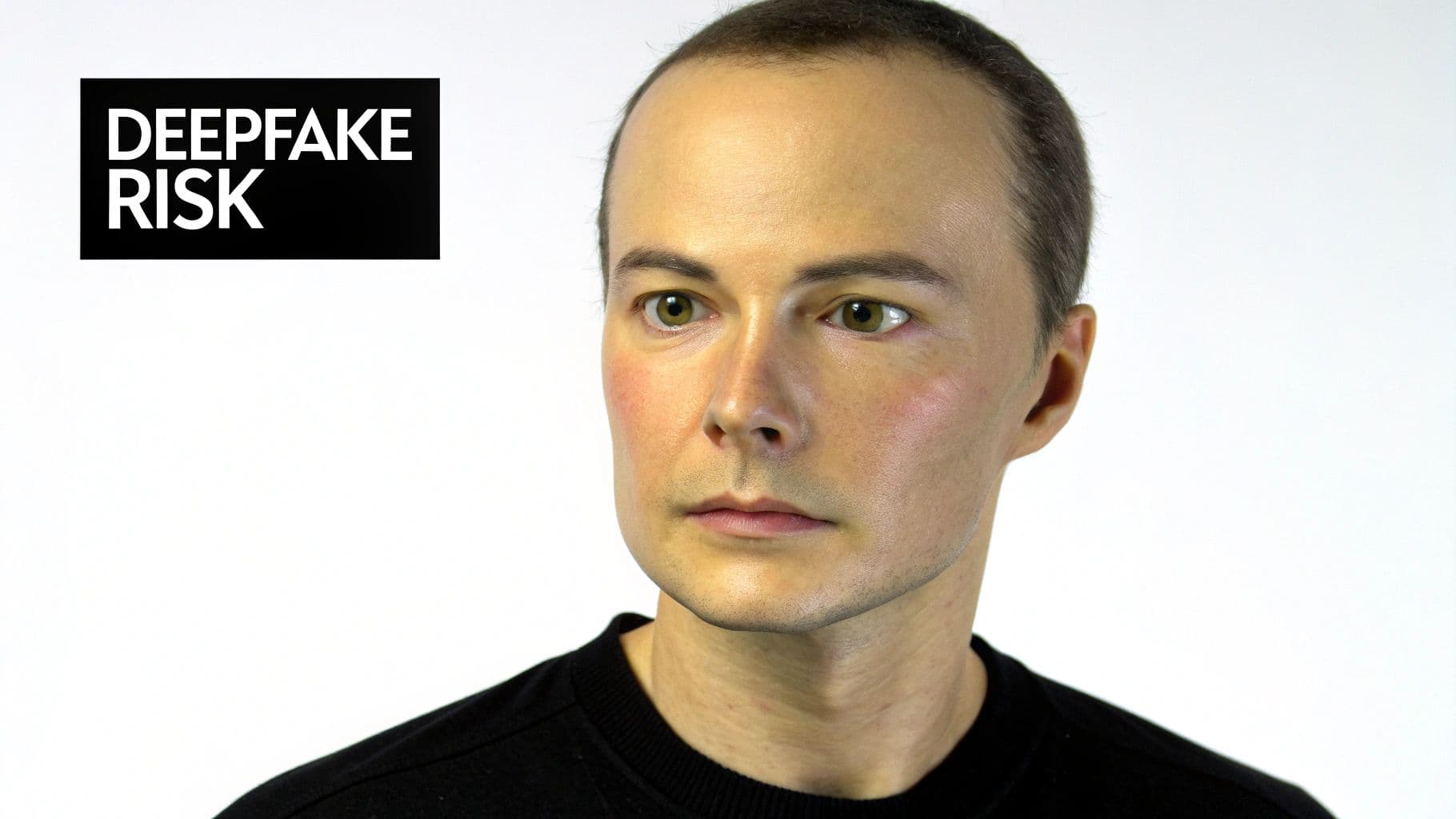Close-up of a man's face with 'DEEPFAKE RISK' overlay, highlighting AI content concerns.