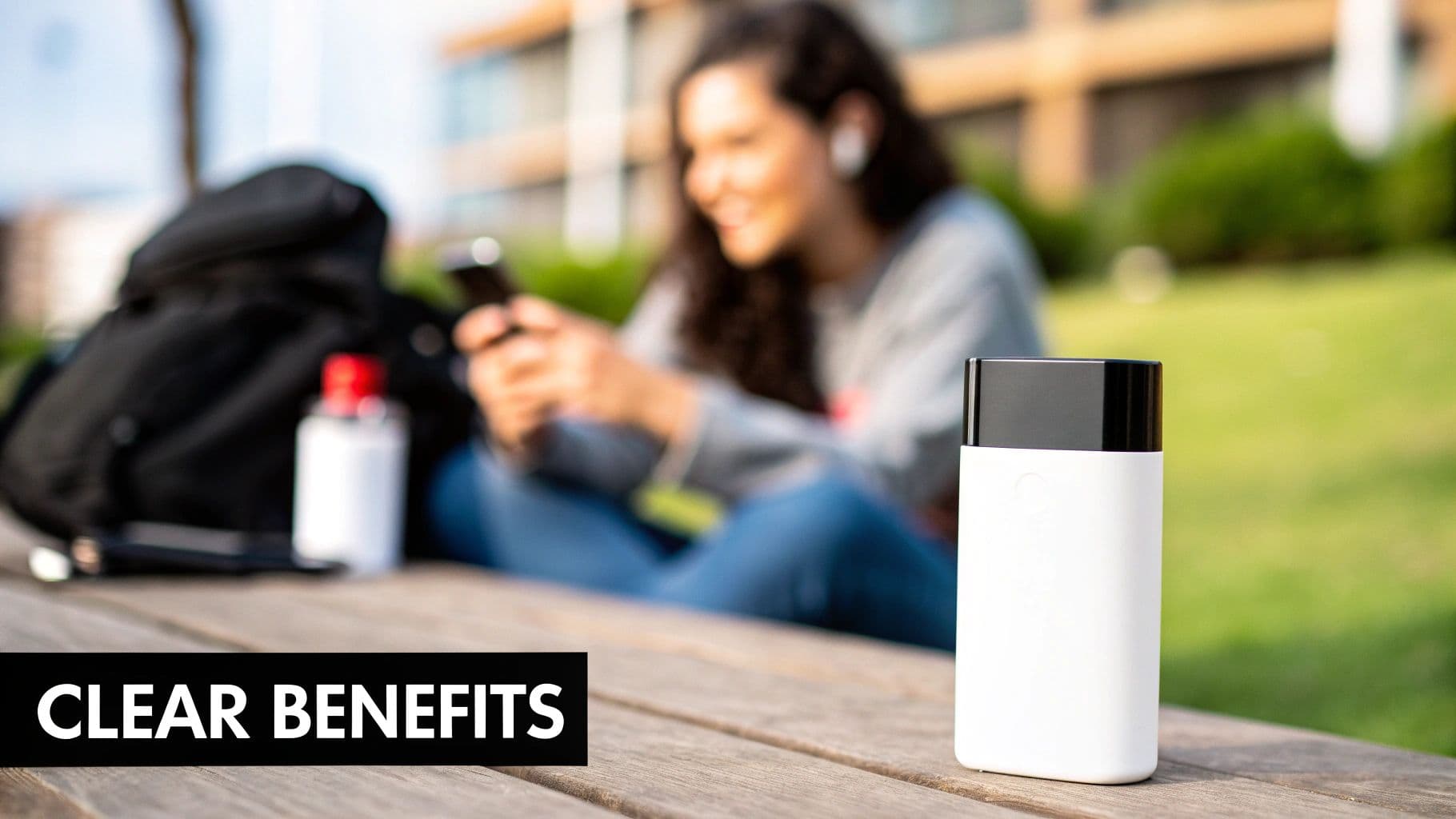 A white and black portable device sits on a wooden table, with a person using a smartphone in the background.
