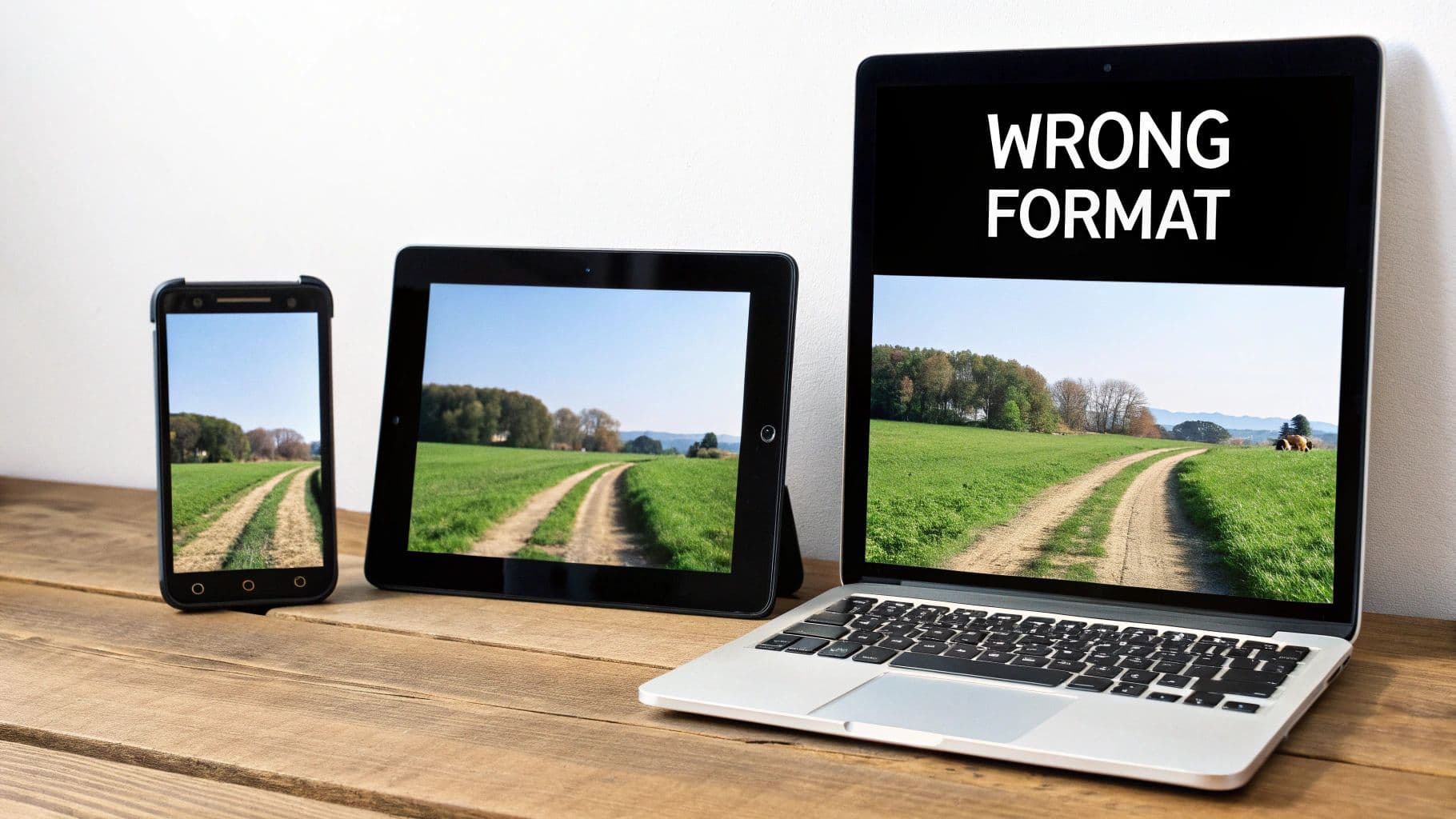A smartphone, tablet, and laptop display a landscape image, with the laptop screen showing 'WRONG FORMAT'.