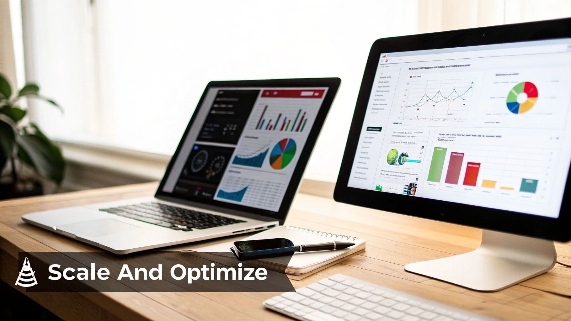 Digital workspace with two screens showing business intelligence dashboards and data visualizations.