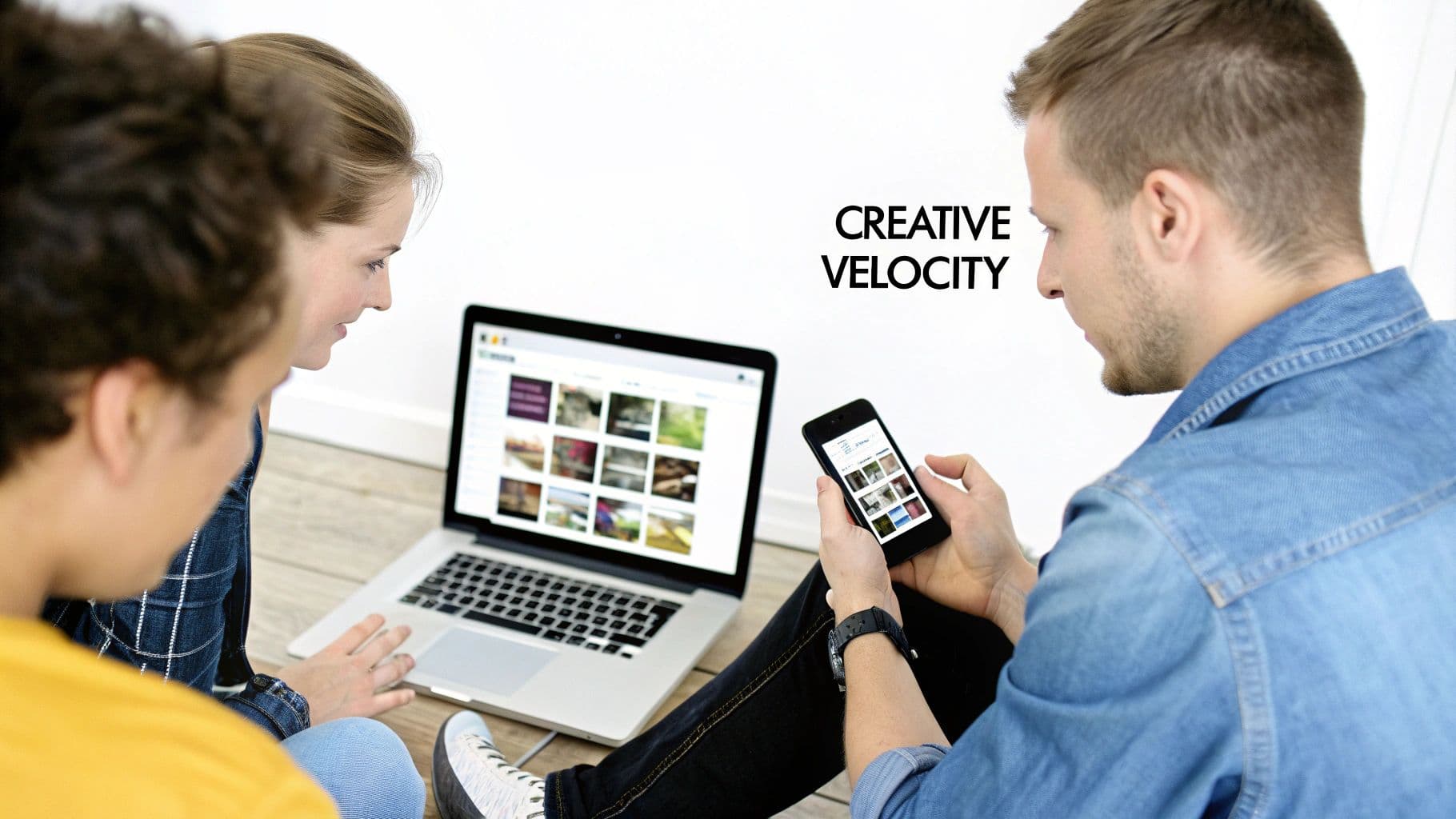 Three young people collaborate, sharing digital content on a laptop and smartphone with 'Creative Velocity' text.