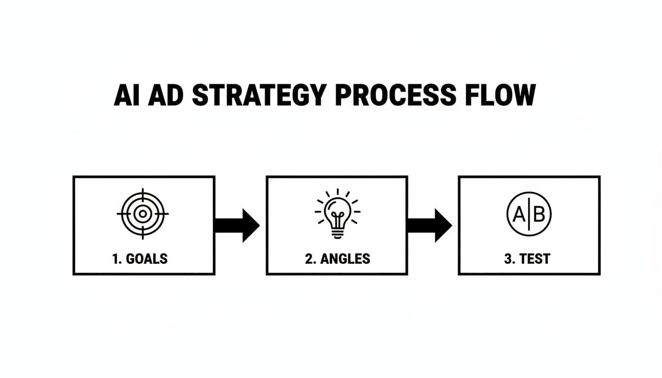 Flowchart illustrating the AI ad strategy process: define goals, develop angles, and conduct A/B tests.