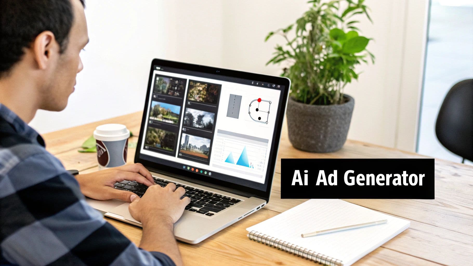 A man uses a laptop displaying an AI ad generator interface with various images and data visualizations, alongside a coffee cup.