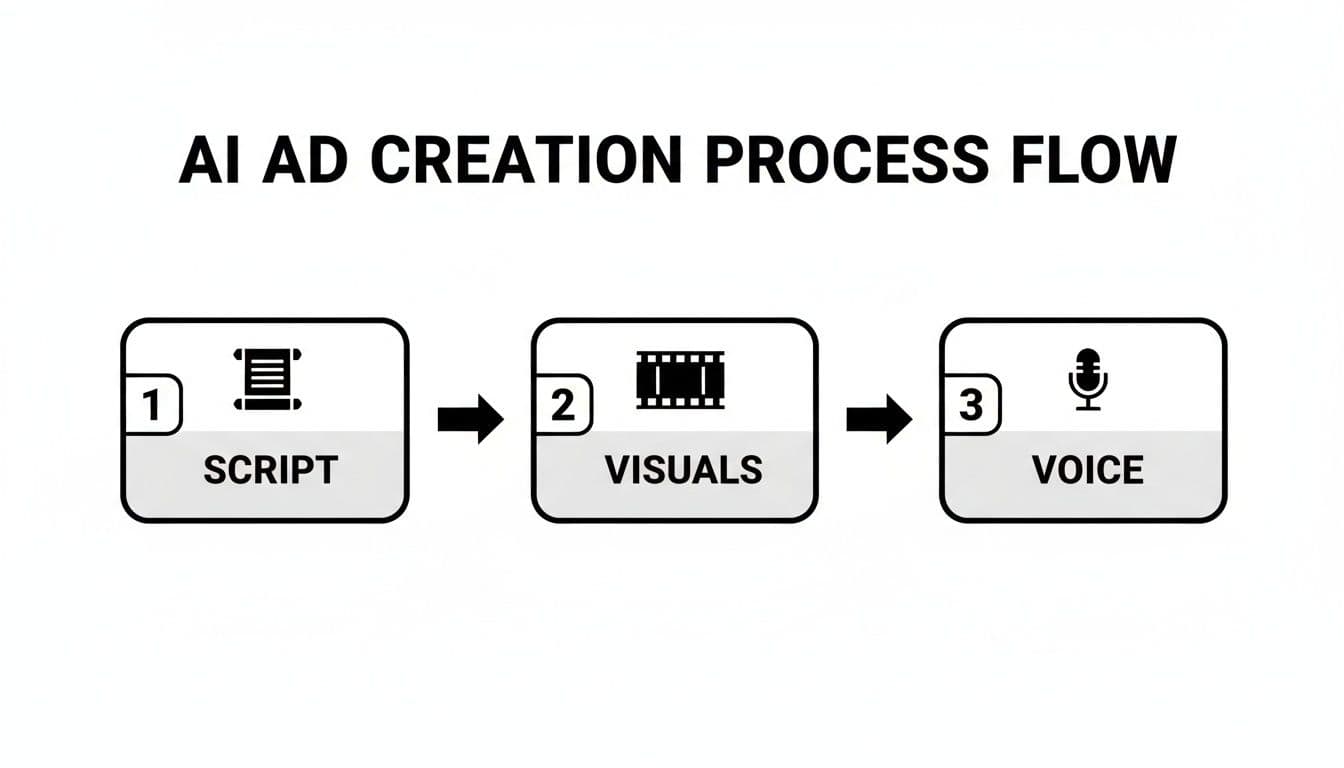Diagram illustrating the AI ad creation process flow: Script, Visuals, and Voice steps.