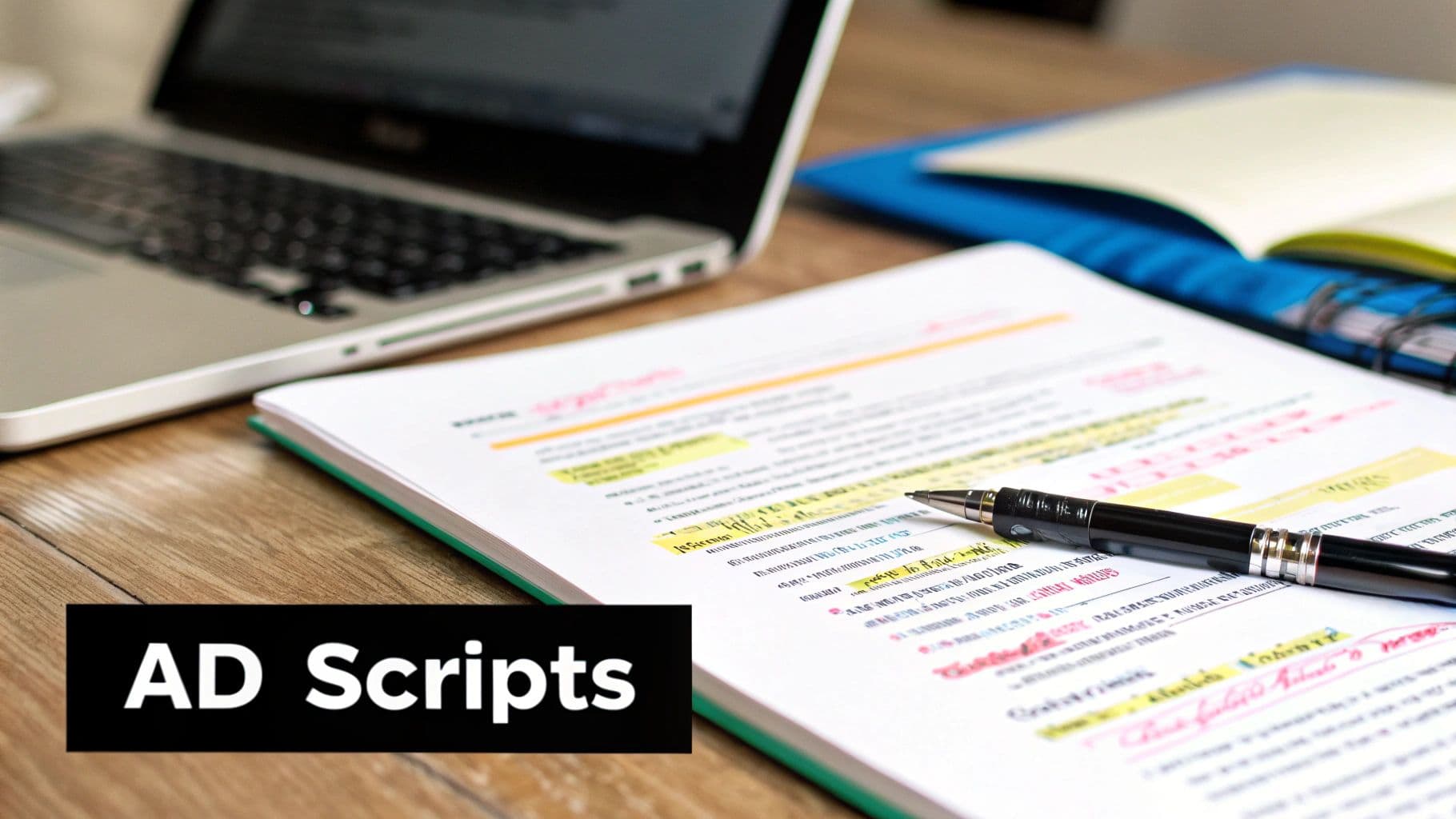 Close-up of a desk with a laptop, documents, a pen, and an 'AD Scripts' text overlay.