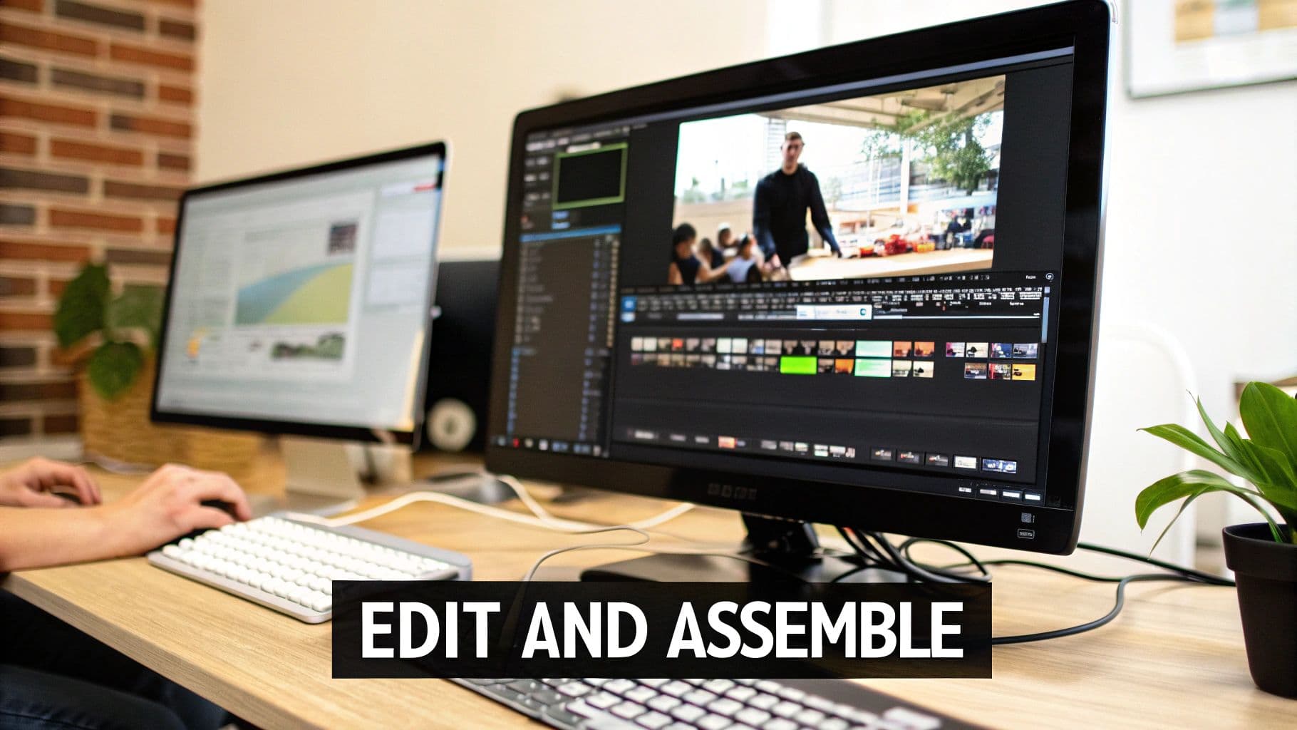 A person's hands editing videos on two computer monitors with professional software on a wooden desk.