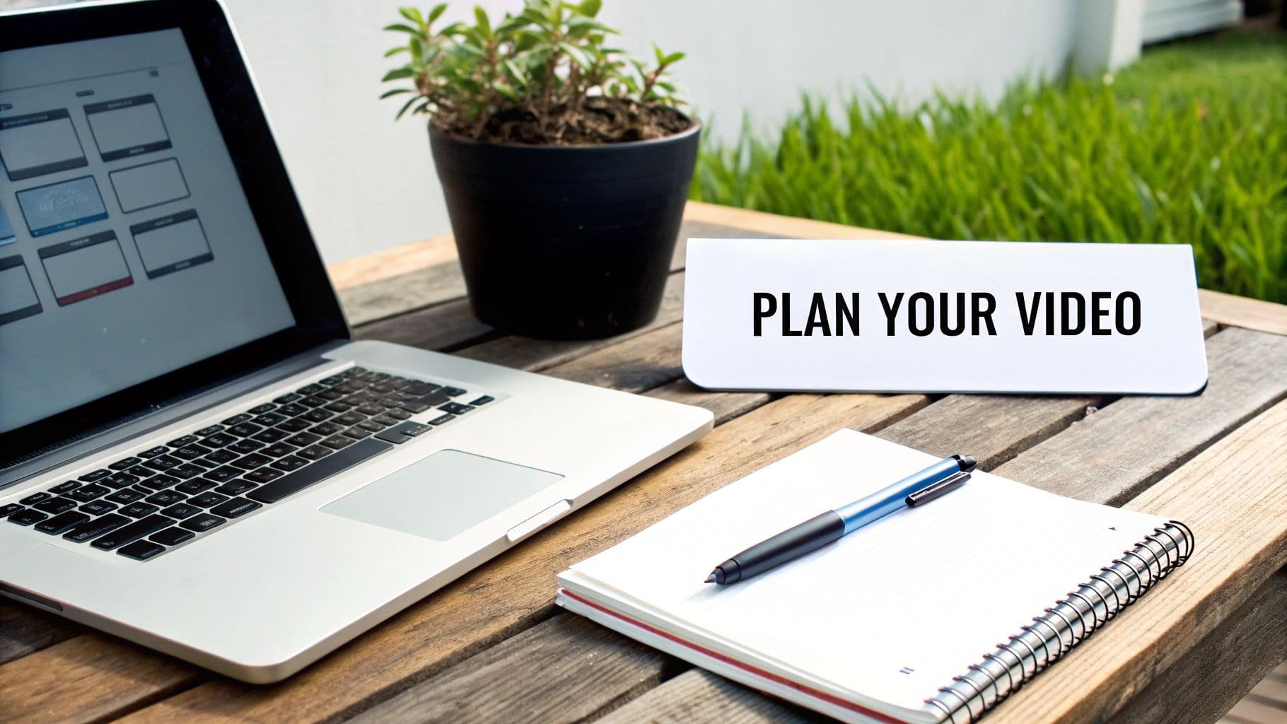 An outdoor workspace setup with a laptop, a plant, a sign saying 'PLAN YOUR VIDEO', and a notebook with a pen.